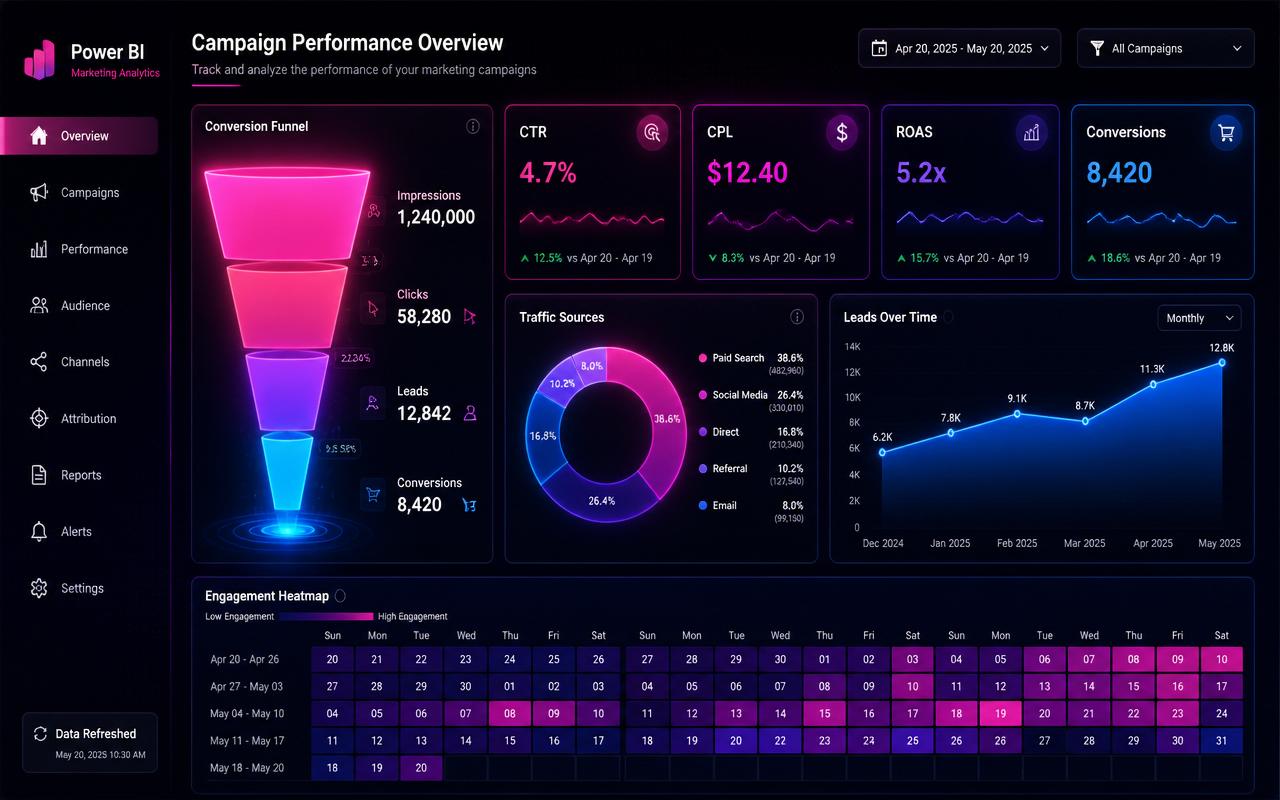 Exemplo de dashboard de marketing no Power BI feito com visuais do DAX Visual PRO