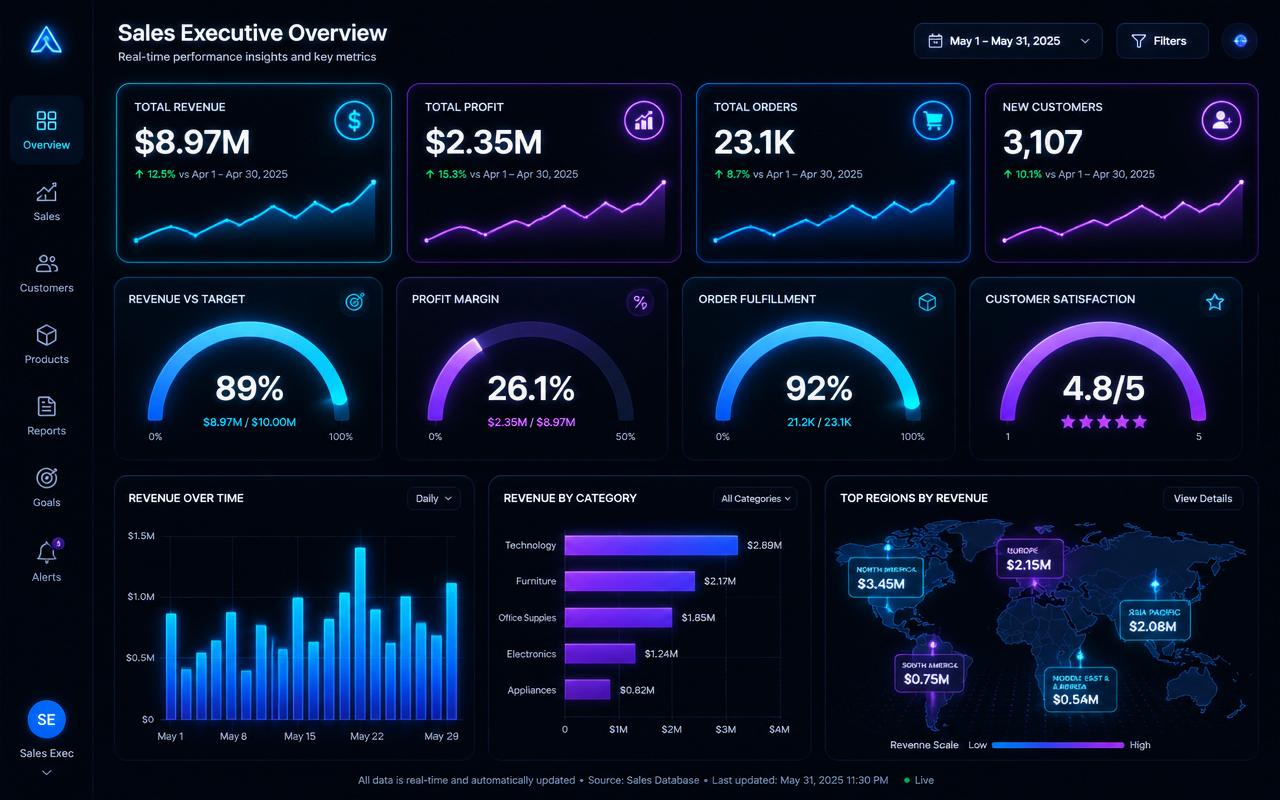 Exemplo de dashboard de vendas no Power BI feito com visuais do DAX Visual PRO